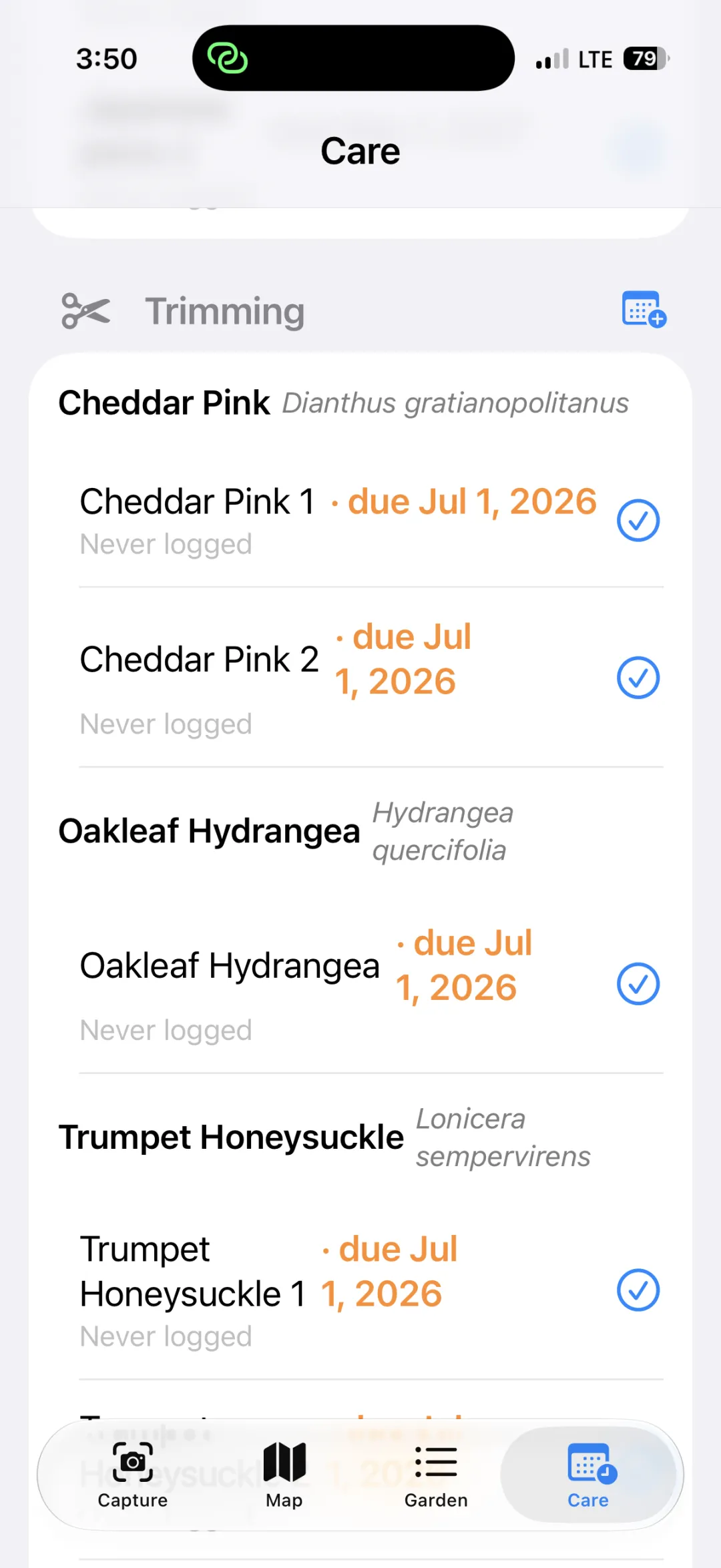Care tab grouped by trimming activity