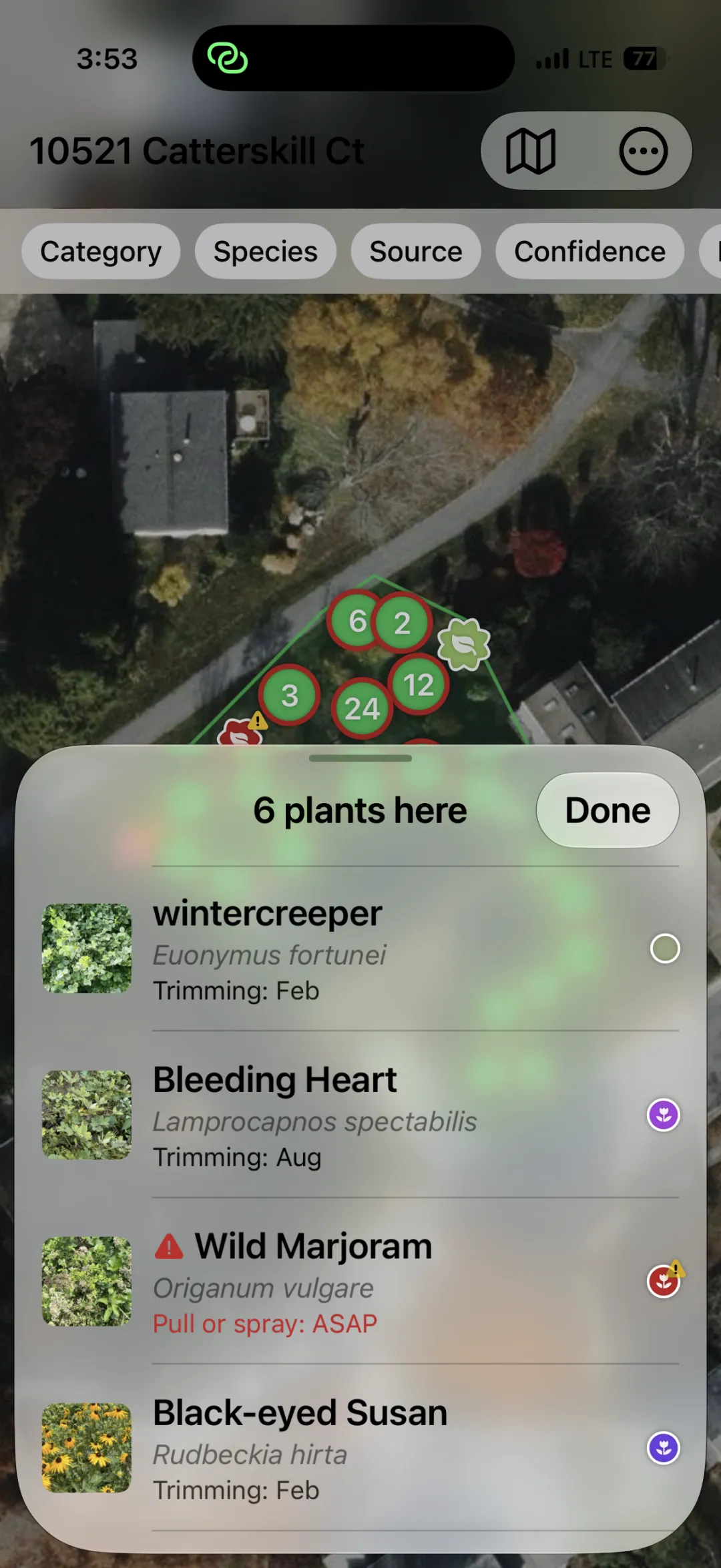 Tapping a cluster lists the plants inside it